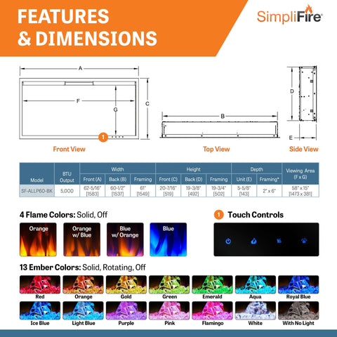 Image of SimpliFire Allusion Platinum 60" Wall Mount/Recessed Linear Electric Fireplace | SF-ALLP60-BK